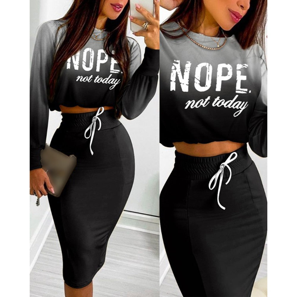 sixsr Sexy Crop Long Sleeve Pink Bodycon Dress Sets Women Autumn Print Cropped Feminino Two Piece Set Women Skirt Dress Suits
