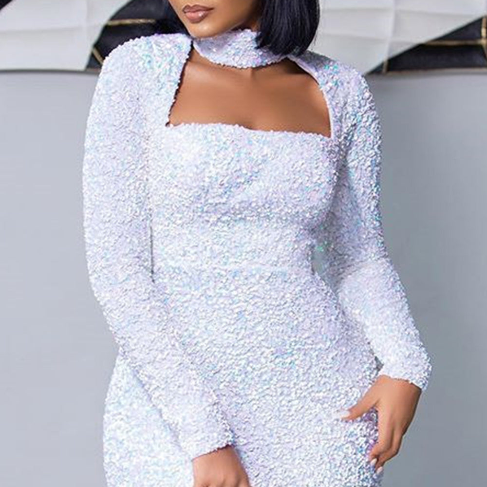 sixsr Elegant Evening White Dress Long For Women Party Club Sexy Hollow Turtleneck Autumn Plus Size Bodycon Maxi Dresses Wedding
