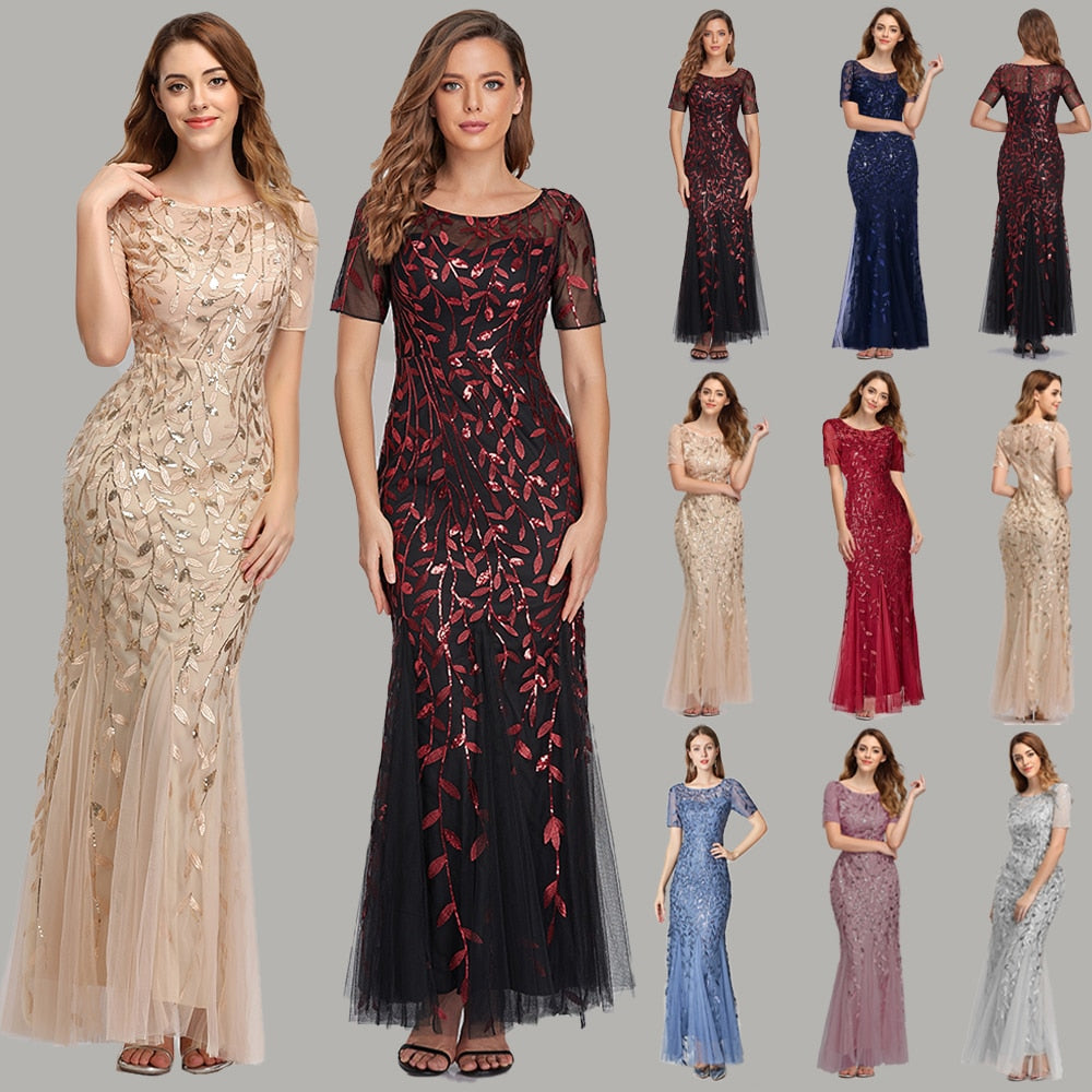 sixsr Plus Size Evening Dresses Mermaid O Neck Short Sleeve Lace Appliques Tulle Long Party Gown Robe Soiree Sexy Formal Dress vestido