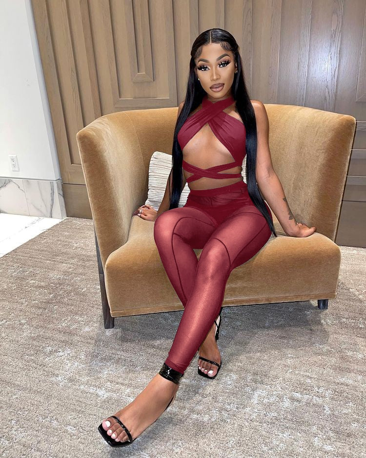 sixsr Womens Fashion 3 Pieces Set Bandage Lace Up Halter Crop Top Sheer Mesh Pants set Party Night Club Outfits Streetwear See Through Cloth