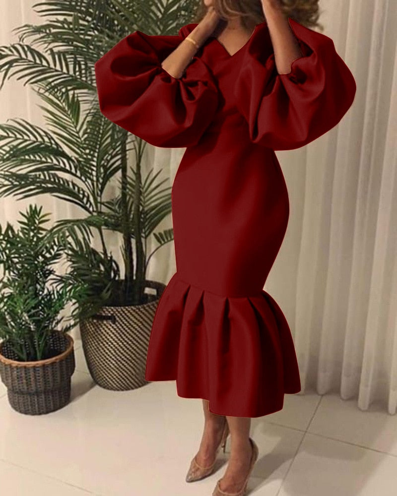 Sixsr Women Party Dress V Neck Long Puff Sleeves Bodycon Sexy Event Occasion African Female Fashion Autumn Spring Robes Vestidos New