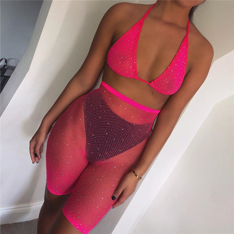 Sixsr Trends Fishnet Grid See Through Neon Outfits Bandage Low Cut Sexy Backless Crop Top High Waist Skinny Shorts Women Party 2 Piece Sets