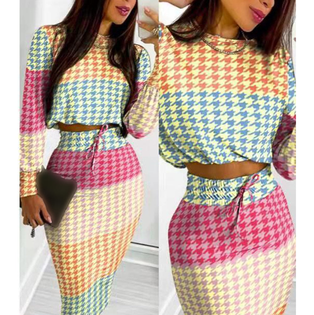 sixsr Sexy Crop Long Sleeve Pink Bodycon Dress Sets Women Autumn Print Cropped Feminino Two Piece Set Women Skirt Dress Suits