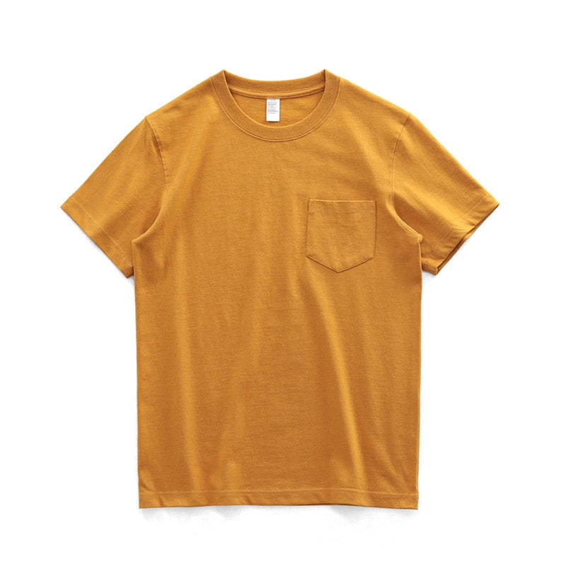 Sixsr 260g Heavy Weight Men's T-Shirt Summer Retro Simple Handsome Chic Casual Soft Solid Color Cotton Pocket Short Sleeve O-Neck Tees
