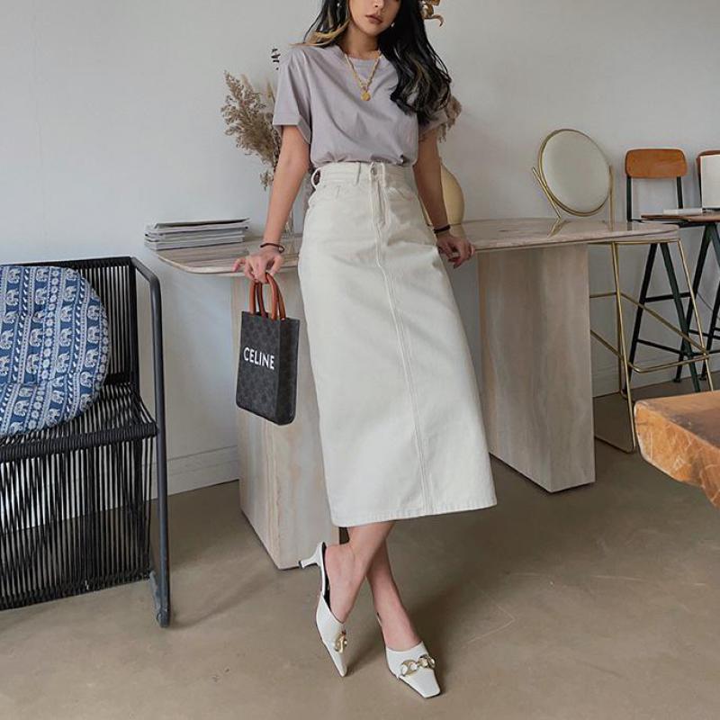Sixsr  Fashion Trends Straight Bodycon Long Jeans Skirt Women Solid White Vintage Split High Waist Denim Skirt Midi Elegant Summer