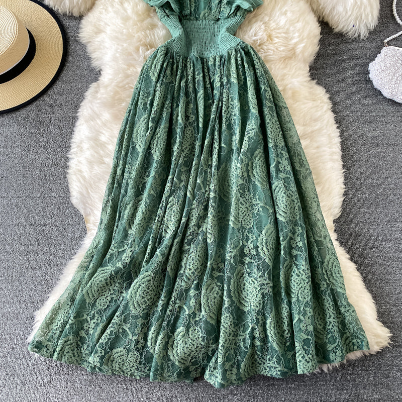 Sixsr Vintage Purple/Green/Red Lace Midi Dress Women Sweet Round Neck Ruffle Vestidos Female High Waist Slim Robe Spring Autumn