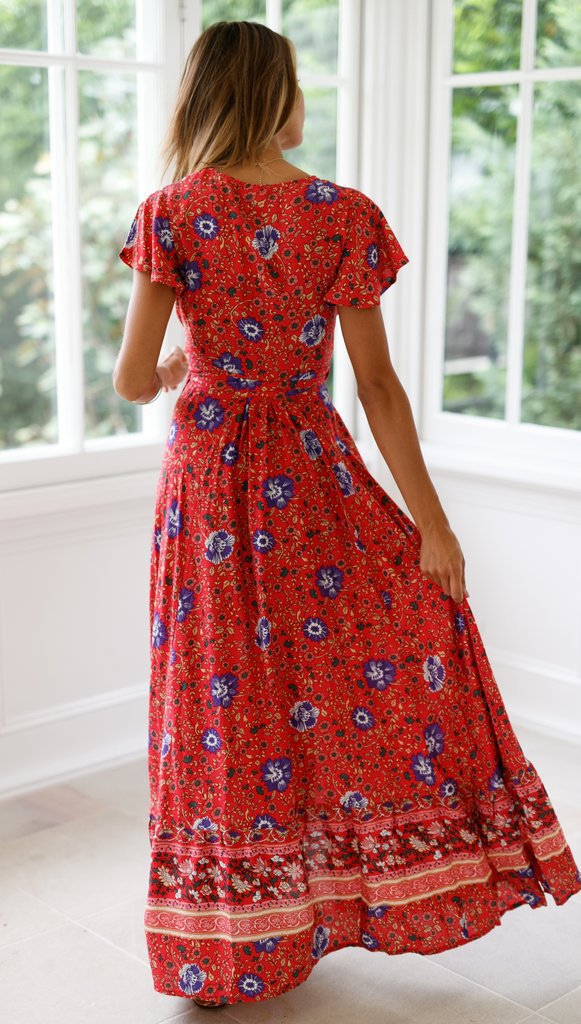 Sixsr Summer Women Dress Indie Folk Women Sexy Printed Bow Holiday Beach Wrap Dresses V-Neck Boho Dress Elegant Party Sundress