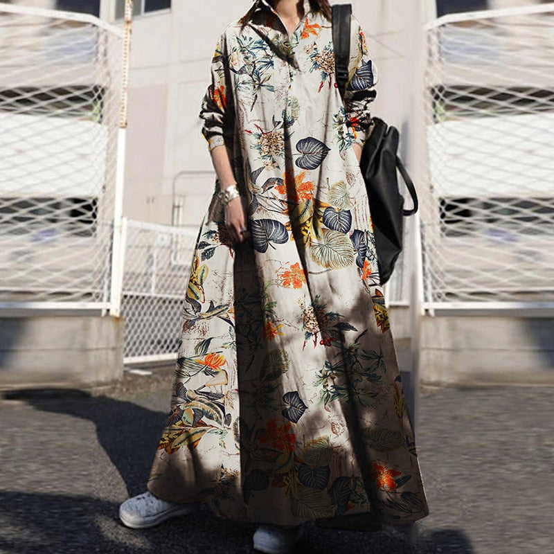 Sixsr Summer Stylish Women Vintage Long Sleeve Loose Sundress Casual Long Maxi Dress Kaftan Femme Solid Party Vestido Robe
