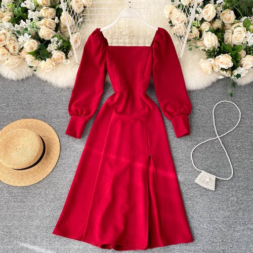 Sixsr Women Autumn New Split Dress French Retro Square Collar Waist Hugging Slim Puff Sleeve Beading Midi Dress Female Vestidos PL487