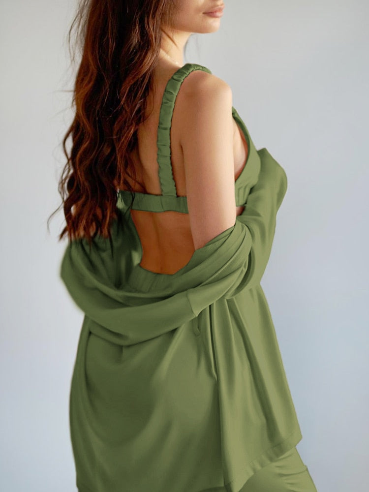 Sixsr Fashion Solid Color Satin Robe Set With Bra Sexy Pajamas Set Female Home Suit For Women Pajama Spring Long Sleeve Sleepwear