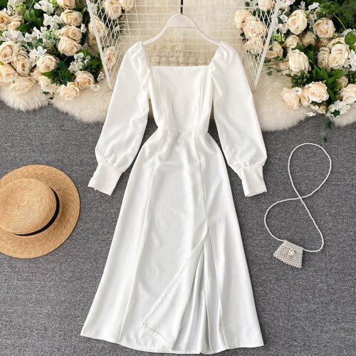 Sixsr Women Autumn New Split Dress French Retro Square Collar Waist Hugging Slim Puff Sleeve Beading Midi Dress Female Vestidos PL487