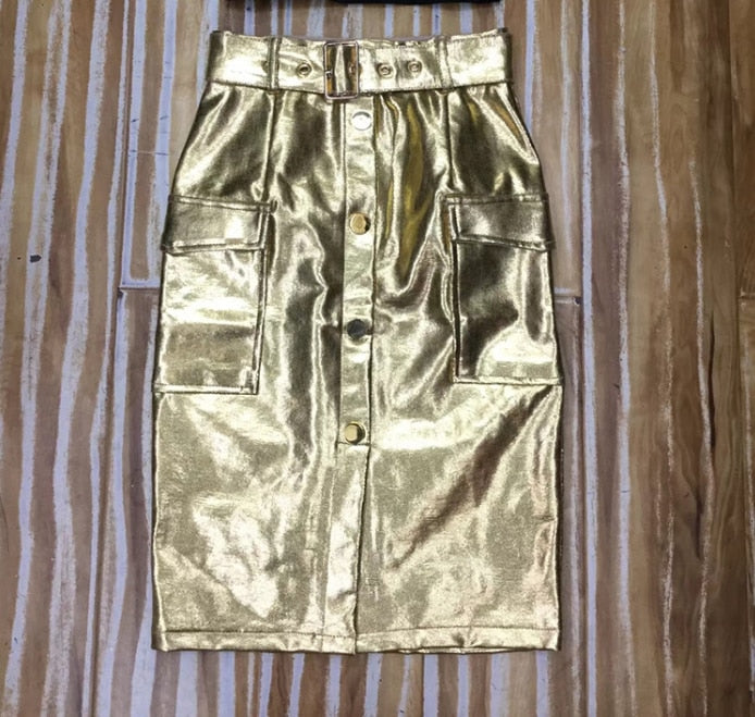 sixsr Top Quality Strapless Gold Leather Knee Length Sexy Fashion Dress Cocktail Party Bodycon Dress