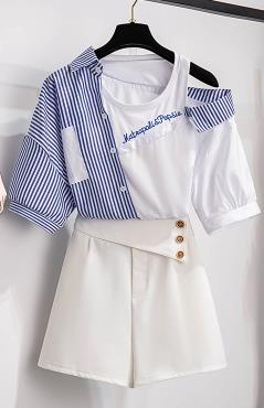 Sixsr 2 pieces shorts sets summer Sweet Korean off shoulder striped patchwork tops and shorts 2 pieces sets women two pieces outfits