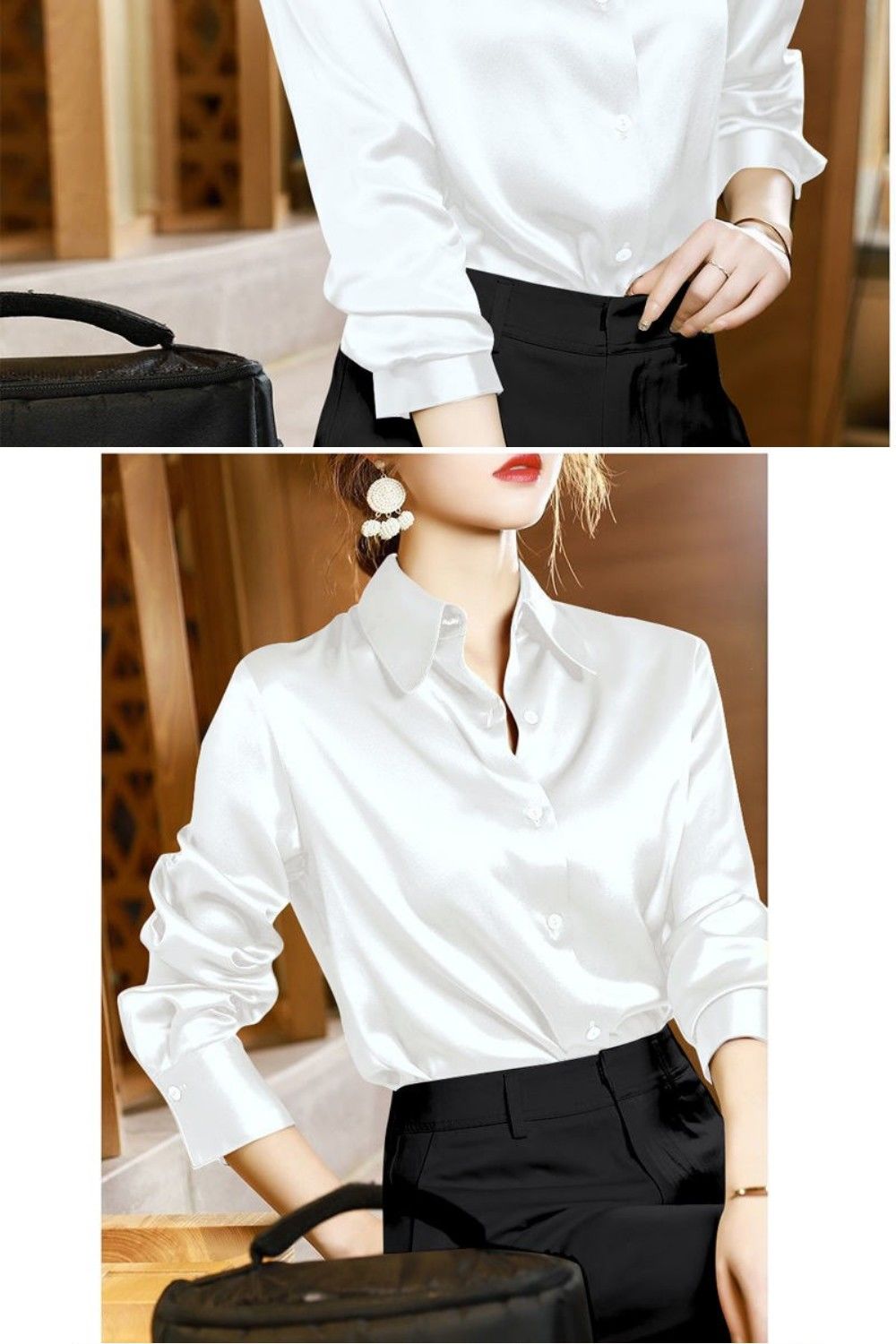 Sixsr Brand Quality Luxury Women Shirt Elegant Office Button Up Long Sleeve Shirts Momi Silk Crepe Satin Blouses for Women Fashion Business Ladies Top