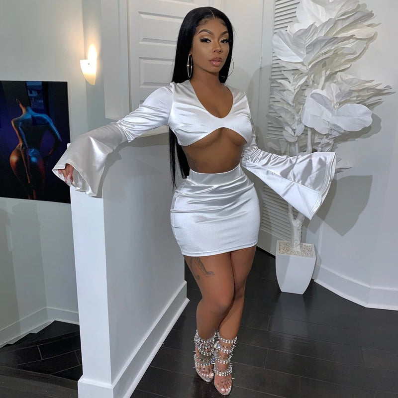 Sixsr Satin Flare Long Sleeve 2 Two Piece Matching Set Women Crop Top Skirt Autumn Winter Birthday Fashion Sexy Clothes