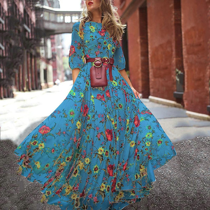 Sixsr Vintage Women Floral Printing O-Neck Sweet Long Party Dress Summer Three Quarter Sleeve Ladies Dress Fashion Elegant Streetwear