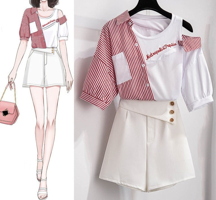 Sixsr 2 pieces shorts sets summer Sweet Korean off shoulder striped patchwork tops and shorts 2 pieces sets women two pieces outfits