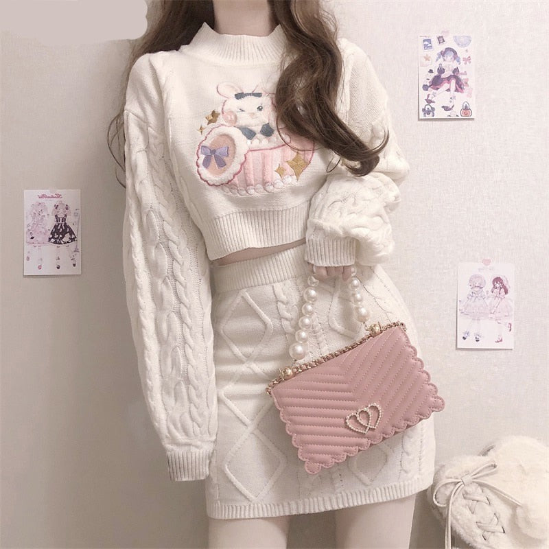Sixsr outfits aesthetic Autumn Winter Sweet Lolita Style Skirt Sets Japanese Girls Cute Rabbit Embroidery Kintted Sweater Skirts Spring Women 2PC Set