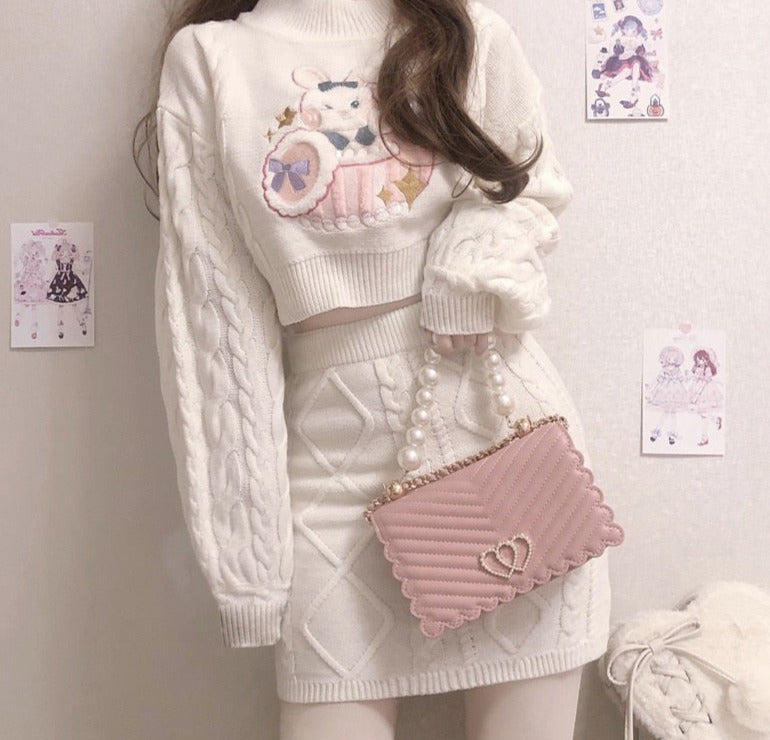 Sixsr outfits aesthetic Autumn Winter Sweet Lolita Style Skirt Sets Japanese Girls Cute Rabbit Embroidery Kintted Sweater Skirts Spring Women 2PC Set