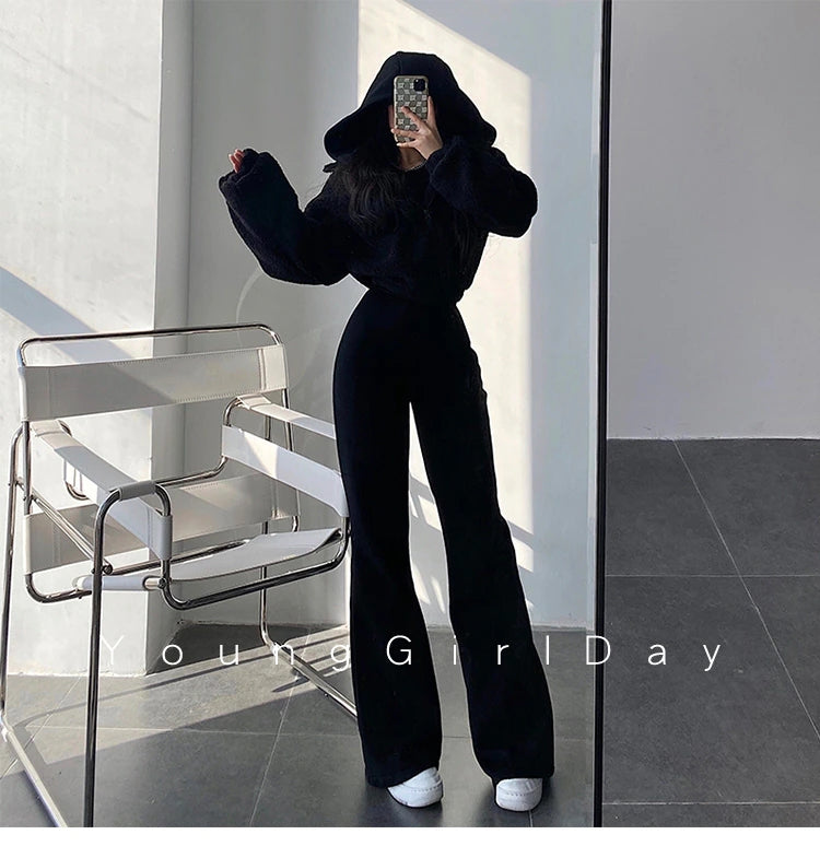 Sixsr New High Street Elastic Waist Solid Color Flare Pants For Women Spring Autumn Thick Casual Female Trouser BSXM new years eve outfits women