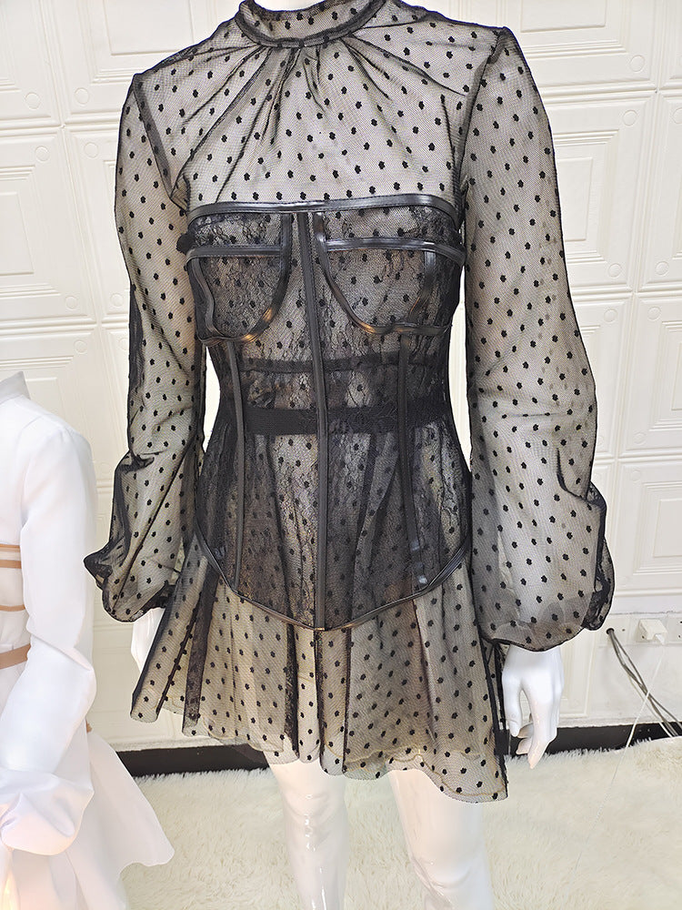Sixsr New Design 2pcs Summer Dress for Women Black Sexy Corset Dress Vintage Slim Mesh Outfit Clubwear Dress Shirt for Girl's Party