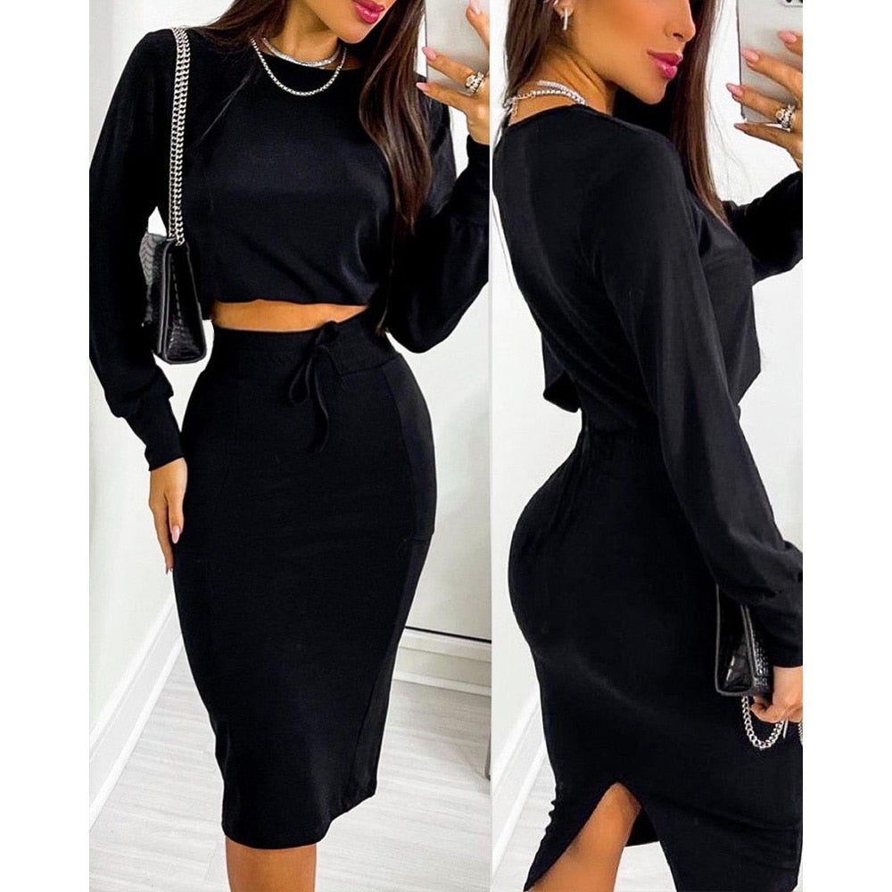 sixsr Sexy Crop Long Sleeve Pink Bodycon Dress Sets Women Autumn Print Cropped Feminino Two Piece Set Women Skirt Dress Suits
