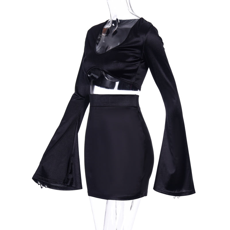 Sixsr Satin Flare Long Sleeve 2 Two Piece Matching Set Women Crop Top Skirt Autumn Winter Birthday Fashion Sexy Clothes