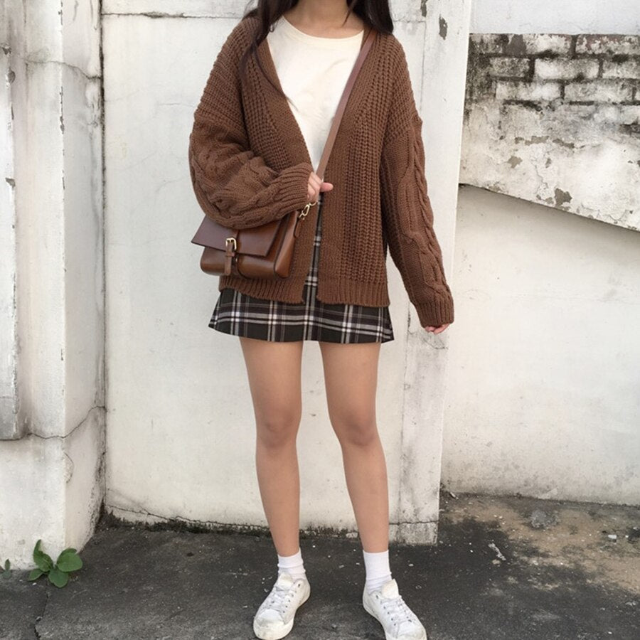 Sixsr New Autumn Knit Sweater Women Fashion Harajuku Loose Warm Cardigan Women College Casual Long Sleeve Winter Coat