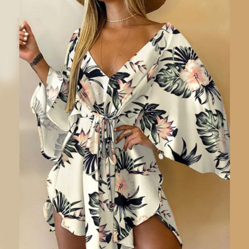 sixsr Summer Outfits Casual Leaf Leopard Print Harajuku Batwing Sleeve Dress Lady Elegant Lace-Up Irregular Party Dress Sexy V-Neck Women Mini Dress