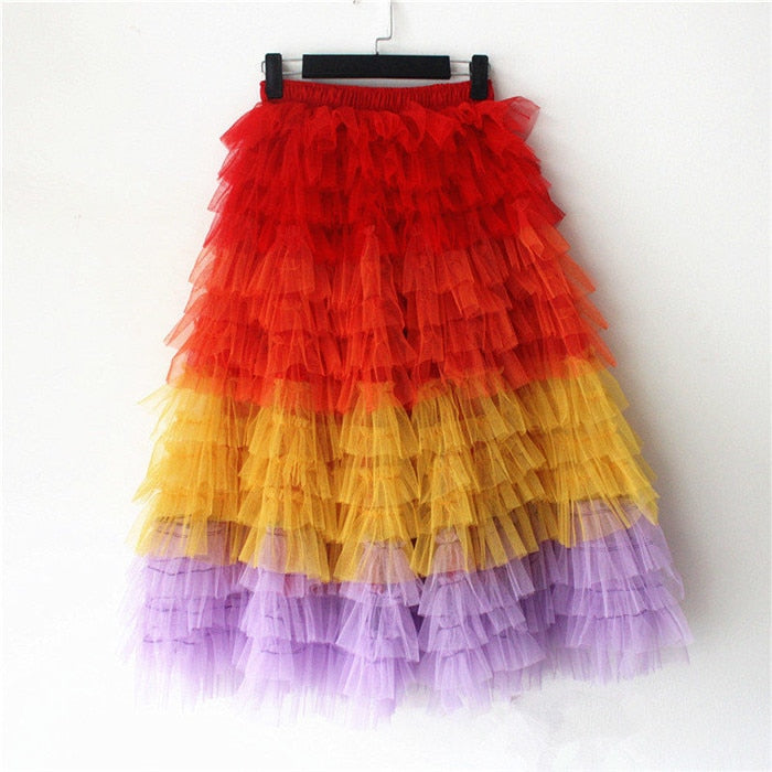 sixsr jupe femme ete Spring Party Skirt Elastic High Waist Long Tulle Skirt Women Multilayer ruffles Pink Mesh Tutu Skirt Ladies
