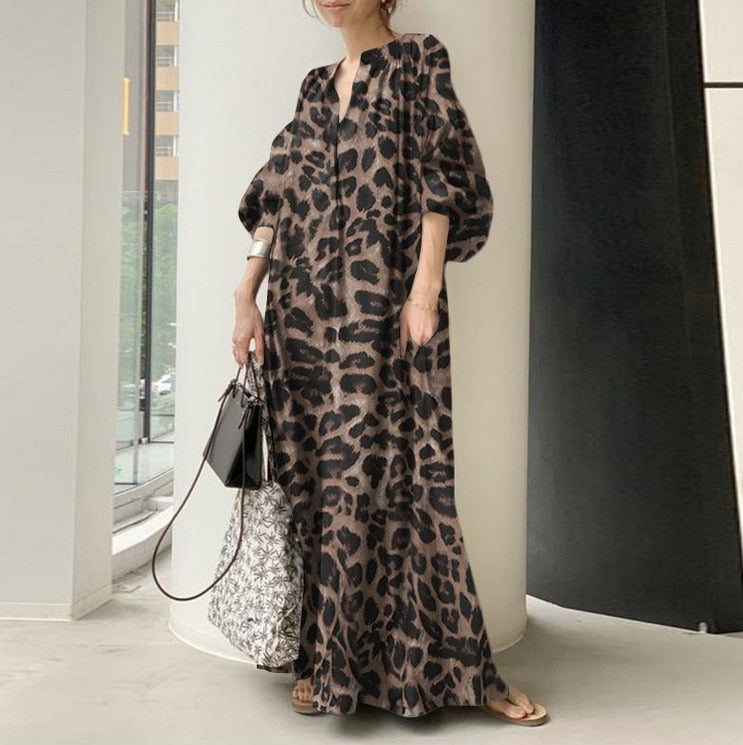 Fashion Printed Maxi Dress Women's Leopard Sundress Spring Puff Sleeve Long Vestidos Female V Neck Robe Oversize