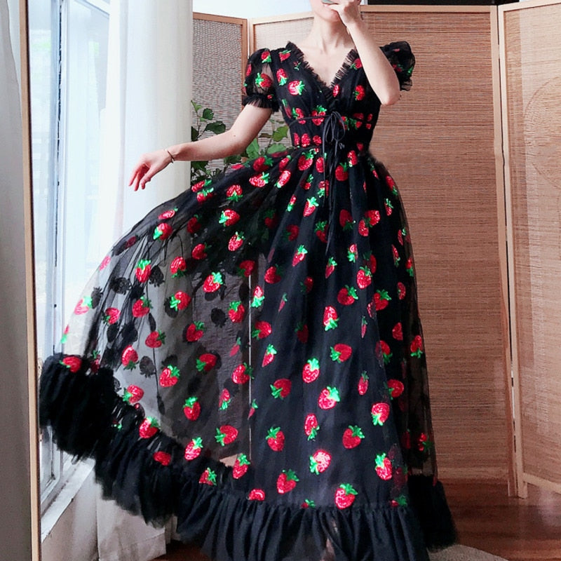 Maxi Dresses For Women Summer Strawberry Dress Plus Size Mesh Robe Sexy Party Club Elegant Female Casual Dresses Vestidos