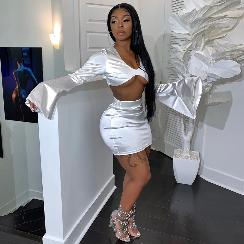 Sixsr Satin Flare Long Sleeve 2 Two Piece Matching Set Women Crop Top Skirt Autumn Winter Birthday Fashion Sexy Clothes