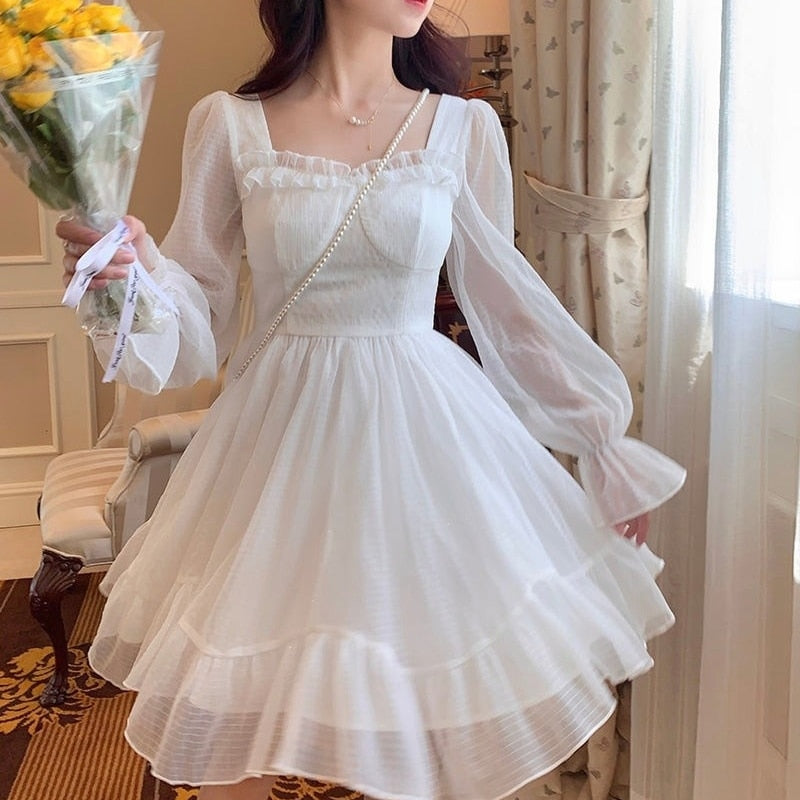 French Sweet Fairy Lolita Dress Women Long Sleeve Lace Y2k Mini Dress Vintage Kawaii Clothes One Piece Dress Korean Autumn