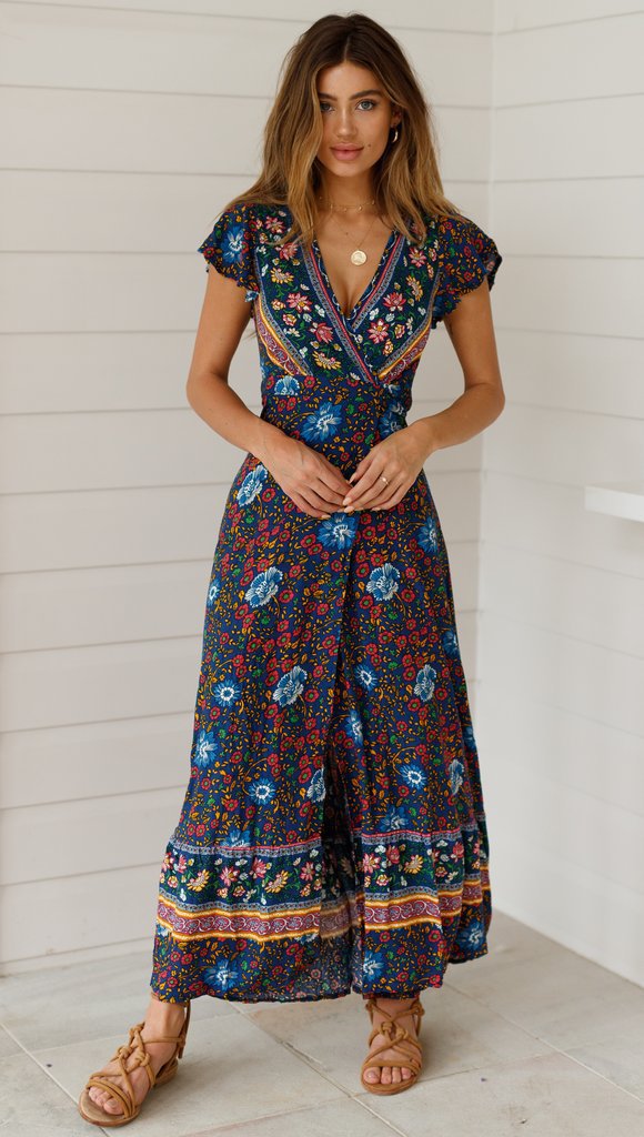 Sixsr Summer Women Dress Indie Folk Women Sexy Printed Bow Holiday Beach Wrap Dresses V-Neck Boho Dress Elegant Party Sundress