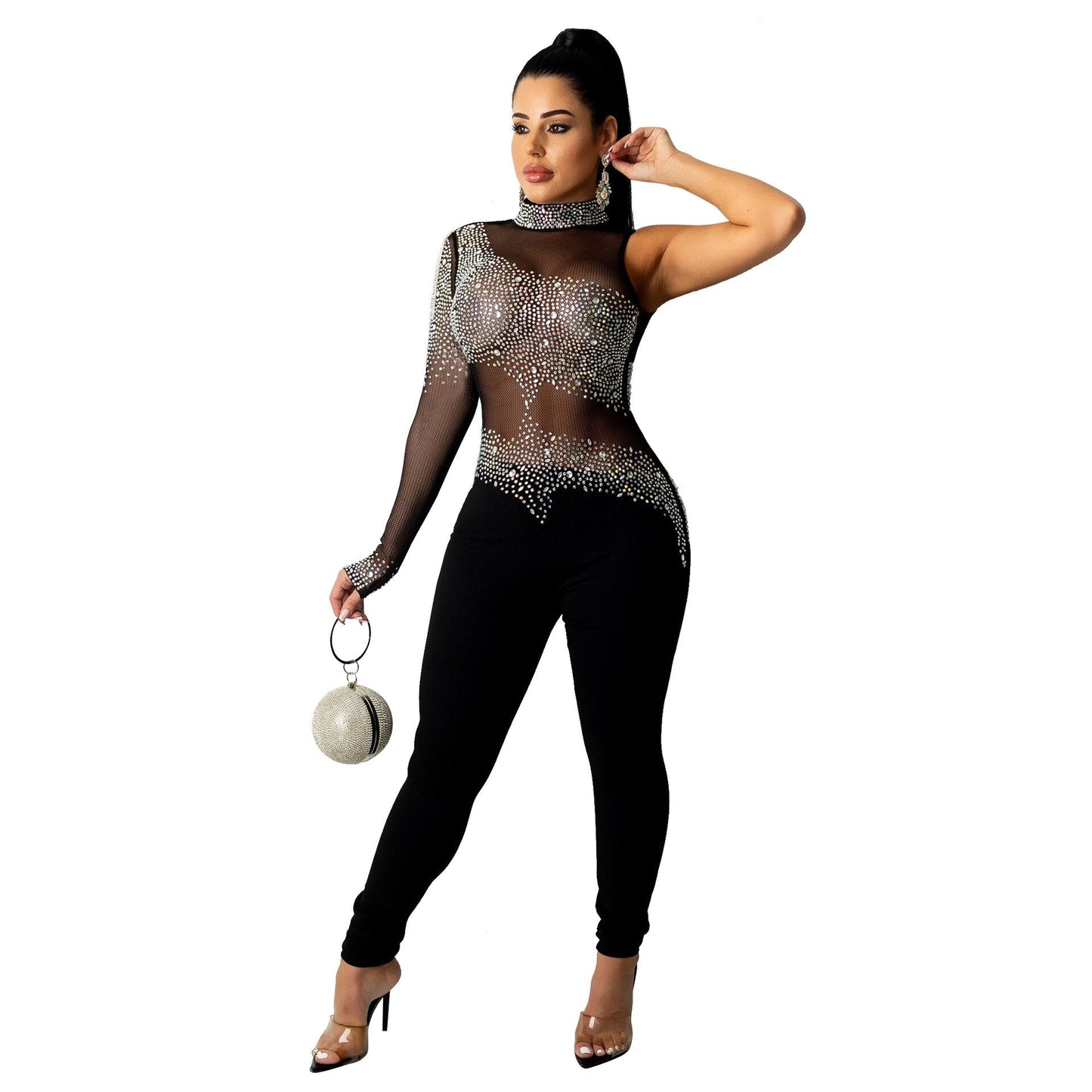 Sixsr Sheer Mesh Diamonds Sequined Pearls High Split Long Dress For Women Straps Bodycon Long Vestidos Night Party Rhinestone Outfits