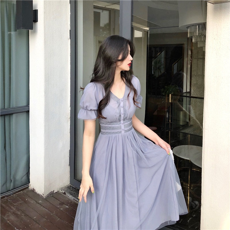Sixsr Summer Mesh Dress Women Puff Sleeve V-neck A-line Slim Korean Style Mesh Retro DressElegant Vintage Vestidos Female News
