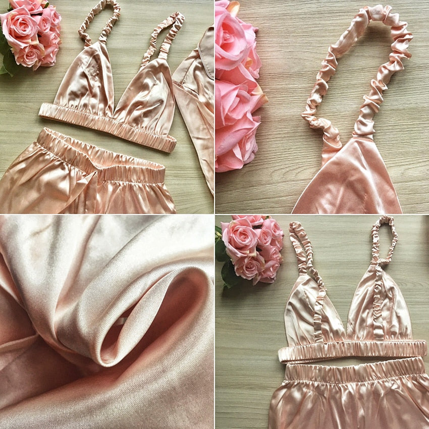 Sixsr Fashion Solid Color Satin Robe Set With Bra Sexy Pajamas Set Female Home Suit For Women Pajama Spring Long Sleeve Sleepwear