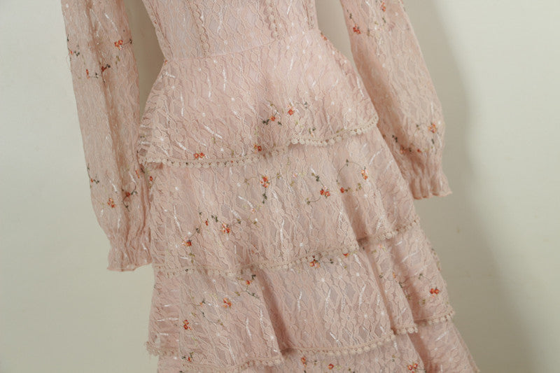 sixsr Pink Lace Embroidery Maxi Dress Female spring Winter Full sleeve high waist Ruffle elegant Long party dresses Woman