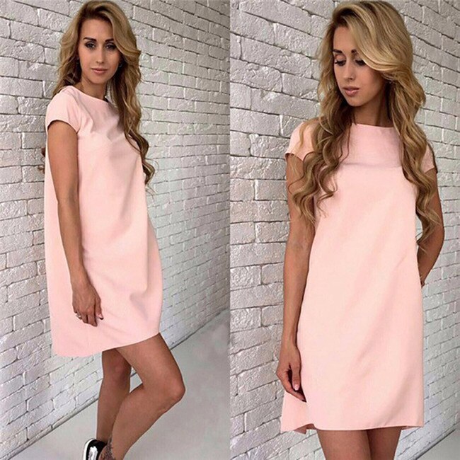 Sixsr Women Female Short Sleeve Loose Mini Short A-line Dresses Summer Beach Casual Dress Candy Color S-XXL