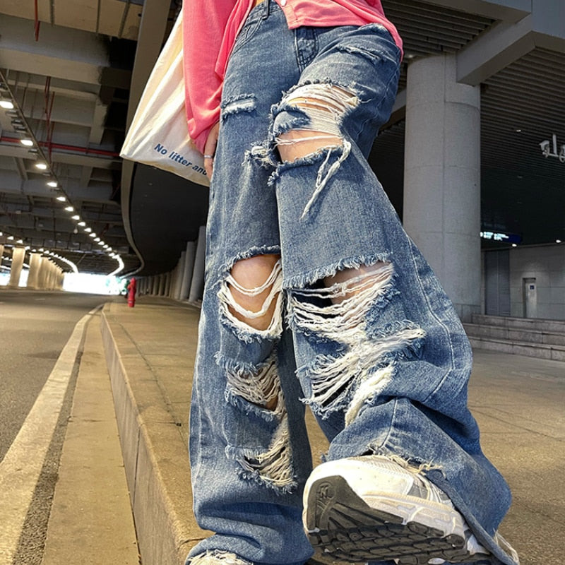 Sixsr Spring And Autumn women's ripped jeans high waist loose straight pants wide leg pants women's jeans Y2K high street jeans