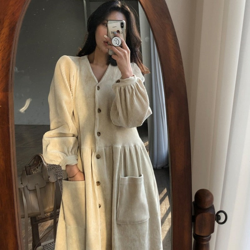 Sixsr Women Autumn Winter Vintage Long Dress Elegant Full Sleeve Single Breasted Tunic Casual Corduroy Dress with Pocket Vestidos