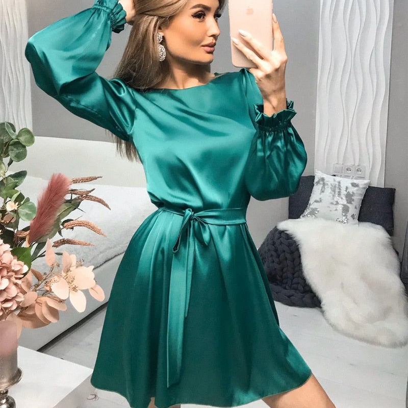 Sixsr Elegant Vintage Sashes Satin A-line Dress Women Autumn New Lantern Sleeve O Neck Solid Casual Party Vestidos Fashion Robes
