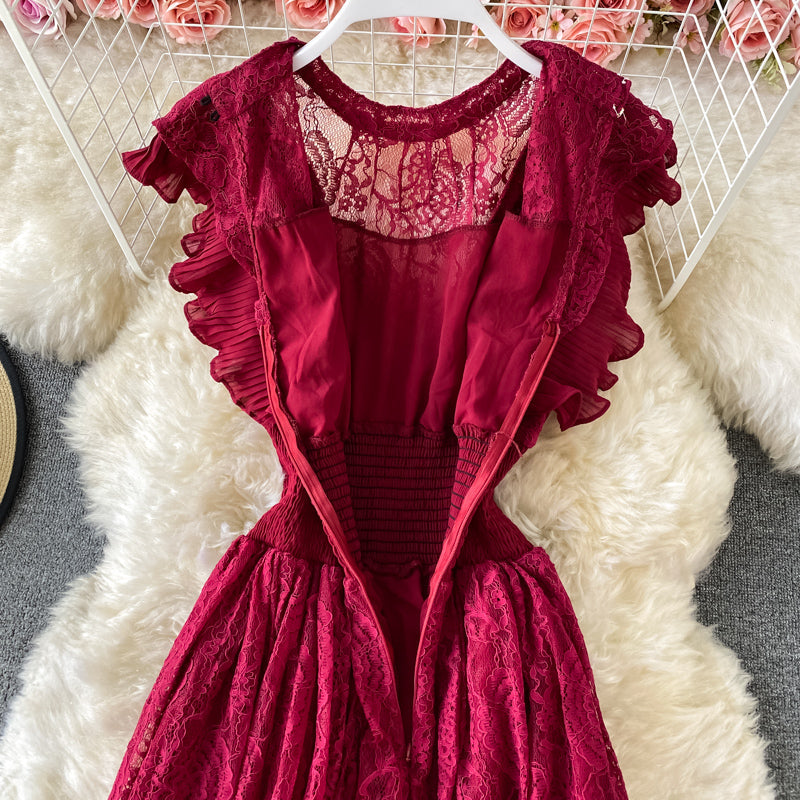Sixsr Vintage Purple/Green/Red Lace Midi Dress Women Sweet Round Neck Ruffle Vestidos Female High Waist Slim Robe Spring Autumn