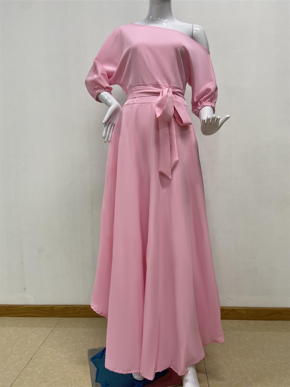 Sixsr Women Dress Bare Shoulder Waist Belt Long A Line Pleated Orange Casual Fashion Female Ladies Elegant New Autumn Summer Robes