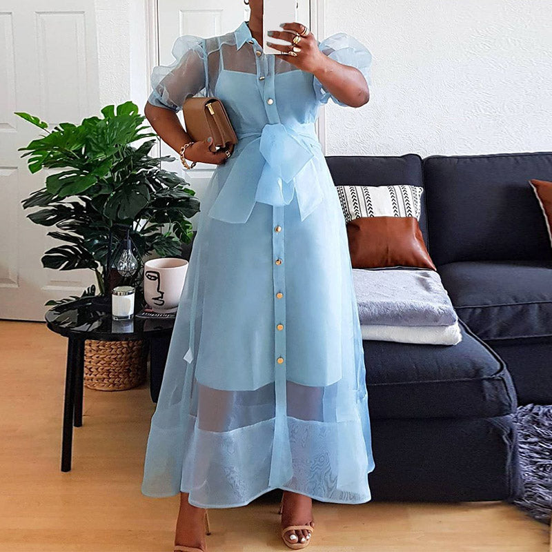 Sixsr African Women See Through Party Dresses Sexy Plus Size Maxi Cover Up Dress Lantern Sleeve Cardigan with Belt Fashion Spring