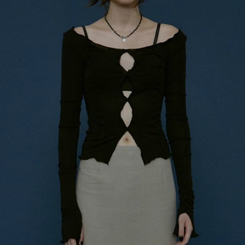 Sixsr Spring Outfits Sexy solid hollow out top long sleeve O-neck t-shirt woman casual Autumn Spring top