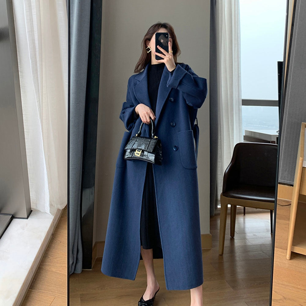 Sixsr Selling Women Spring Autumn Coat Fashion Warm Outerwear Woolen Blends Female Long Elegant Double Breasted Solid Woolen Coat