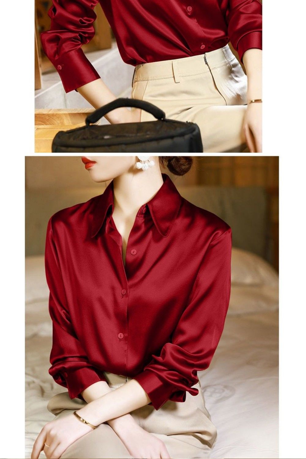 Sixsr Brand Quality Luxury Women Shirt Elegant Office Button Up Long Sleeve Shirts Momi Silk Crepe Satin Blouses for Women Fashion Business Ladies Top