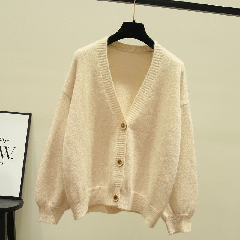 Sixsr Oversized Cardigan Women Spring Casual Solid V Neck Long Sleeve Cardigan Sweater Female Knit Jacket Coat Green Pink